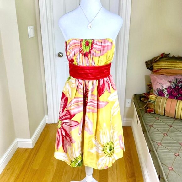 BCBG Dress Silk Strapless Sunflower Yellow Red Green Pleated (6) - Picture 1 of 8